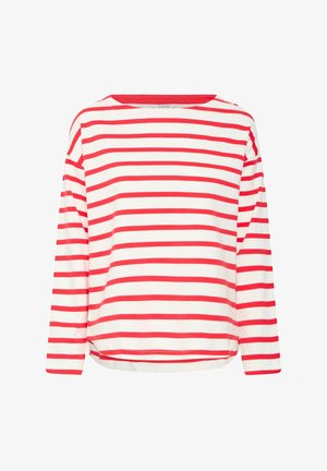Red and white striped long-sleeve shirt, made of soft fabric, features a wide neckline and curved hem. Minimal seams and no visible hardware.