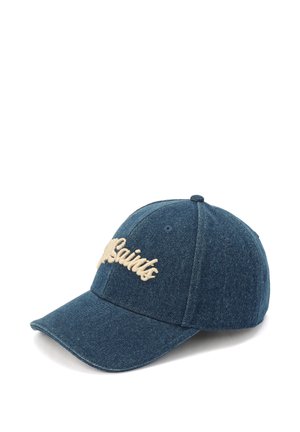 Casquette de baseball en denim avec texte "All Saints" brodé en beige sur le devant, conception à six panneaux et visière courbée.