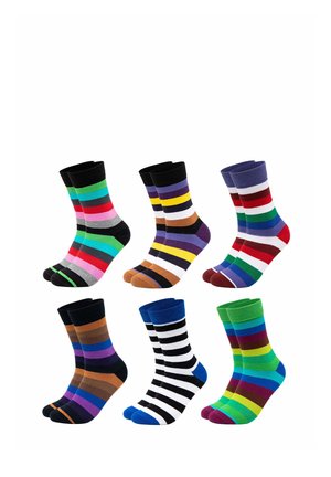 Six pairs of colorful striped crew socks arranged in two rows, each pair featuring distinct color combinations and bold horizontal stripes.
