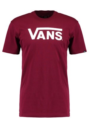 Camiseta de algodón color burdeos con un gran logo blanco de "VANS" en el frente. Diseño de manga corta y cuello redondo. Textura suave.