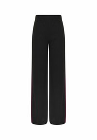 Pantaloni neri a gamba larga con vita elasticizzata. Presentano strisce laterali a contrasto viola. Tessuto liscio, leggero e vestibilità ampia.