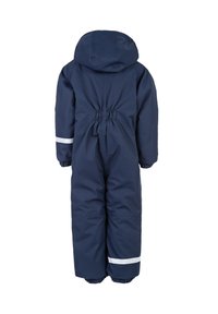 Marineblauwe eendelige sneeuwpak met een capuchon, elastische taille en witte reflecterende strepen op de mouwen en benen. Glad, dik materiaal met elastische boorden.