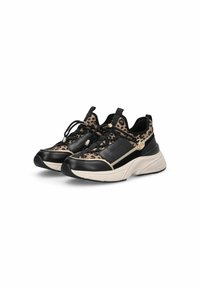 Sneakers neri e con stampa leopardata, con accenti lucidi, collo imbottito e suola in gomma testurizzata. Include accessori decorativi in oro sui lacci.