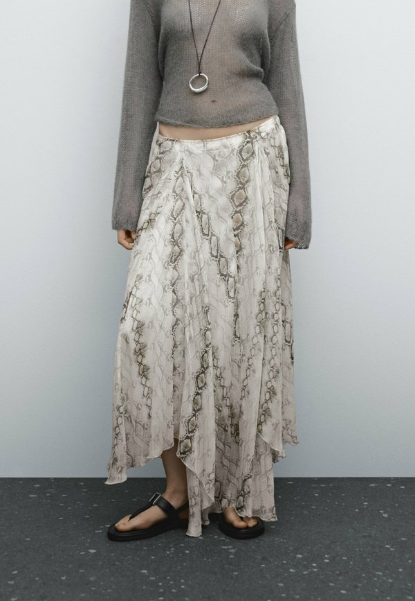 SNAKE PRINT WITH FLOUNCE - Maxi skirt - beige