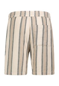 Striped linen shorts in beige and light brown, featuring an elastic waistband and a single back pocket on the right side.