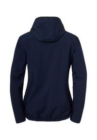 Veste softshell navy avec capuche, manches longues et poignets élastiqués. Texture lisse et design ajusté avec un cordon de serrage à l'ourlet.