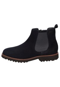Stivaletti alla caviglia in suede blu scuro con pannelli elastici laterali, punta rotonda, suola in gomma testurizzata e cuciture marroni a contrasto sulla suola.
