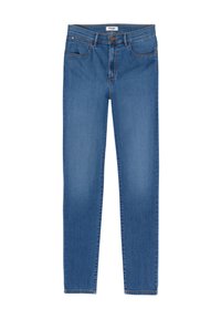 Jeans de mezclilla azul con un corte ajustado, cinco bolsillos y costura visible. Cuenta con un cierre de botón metálico en la cintura y un acabado suave.