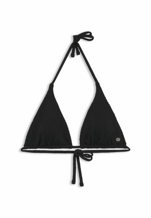 Top de bikini negro texturizado en forma de triángulo con cuello halter y cierre con lazada en la espalda y en la parte inferior, pequeño logo de Hugo en la copa inferior derecha.