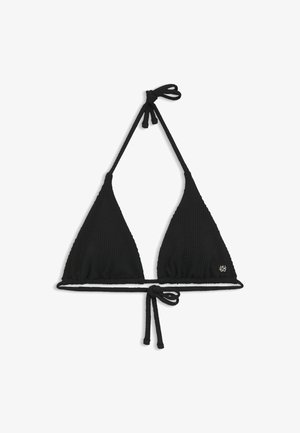 Schwarzes, strukturiertes Triangel-Bikinioberteil mit Neckholder und Bindverschluss hinten und unten, kleines Hugo-Logo auf der unteren rechten Körbchenseite.