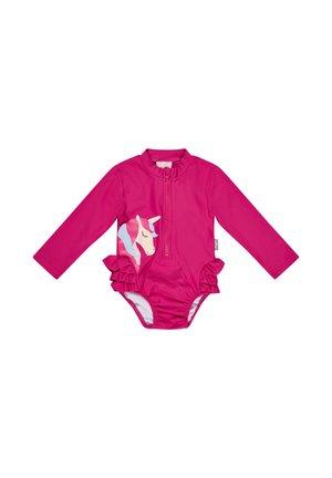 Mädchen-Langarm-Badeanzug in Pink mit Reißverschluss vorne, Rüschen an den Hüften und einem pastellfarbenen Einhorn-Motiv an der Seite.