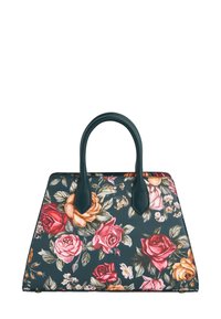 Borsa dark teal con forma strutturata, doppio manico e un vibrante motivo floreale di rose rosse, rosa e arancioni con foglie verdi.