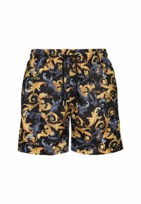 Shorts de bain noirs avec un motif baroque tourbillonnant en or et bleu, dotés d'une taille élastique et d'un cordon de serrage pour un ajustement réglable.