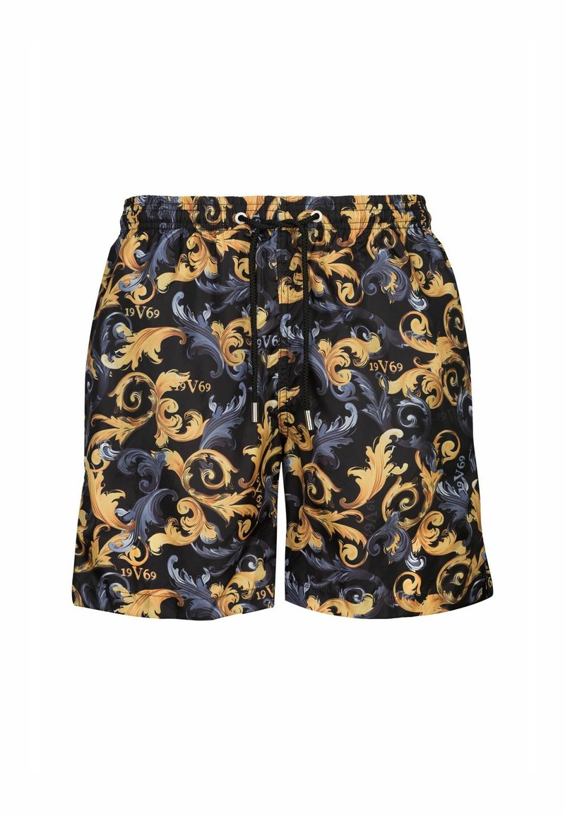 Shorts de bain noirs avec un motif baroque tourbillonnant en or et bleu, dotés d'une taille élastique et d'un cordon de serrage pour un ajustement réglable.