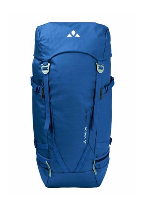 Zaino da escursionismo blu con una forma strutturata, spallacci regolabili e numerosi tasche esterne. Presenta dettagli in zip verde chiaro.