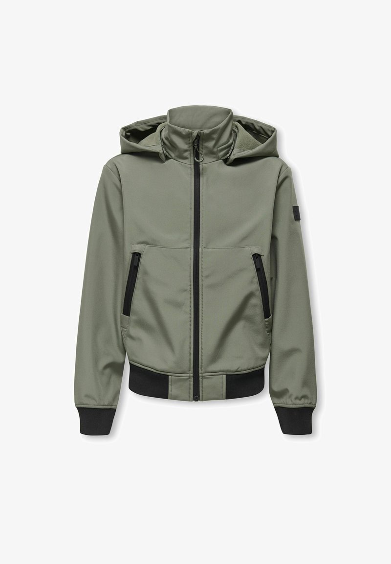 Veste à capuche verte avec fermeture éclair frontale, deux poches noires zippées, poignets et taille côtelés, présentée sur un fond blanc.