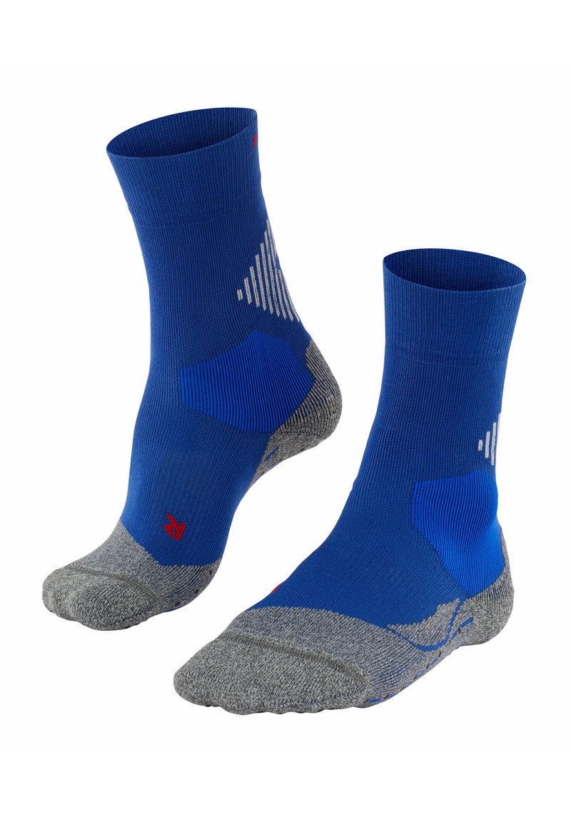 Calzini sportivi blu con punta e tallone grigi. Caratteristiche includono lavorazione a maglia testurizzata, zone imbottite e accenti riflettenti per visibilità.