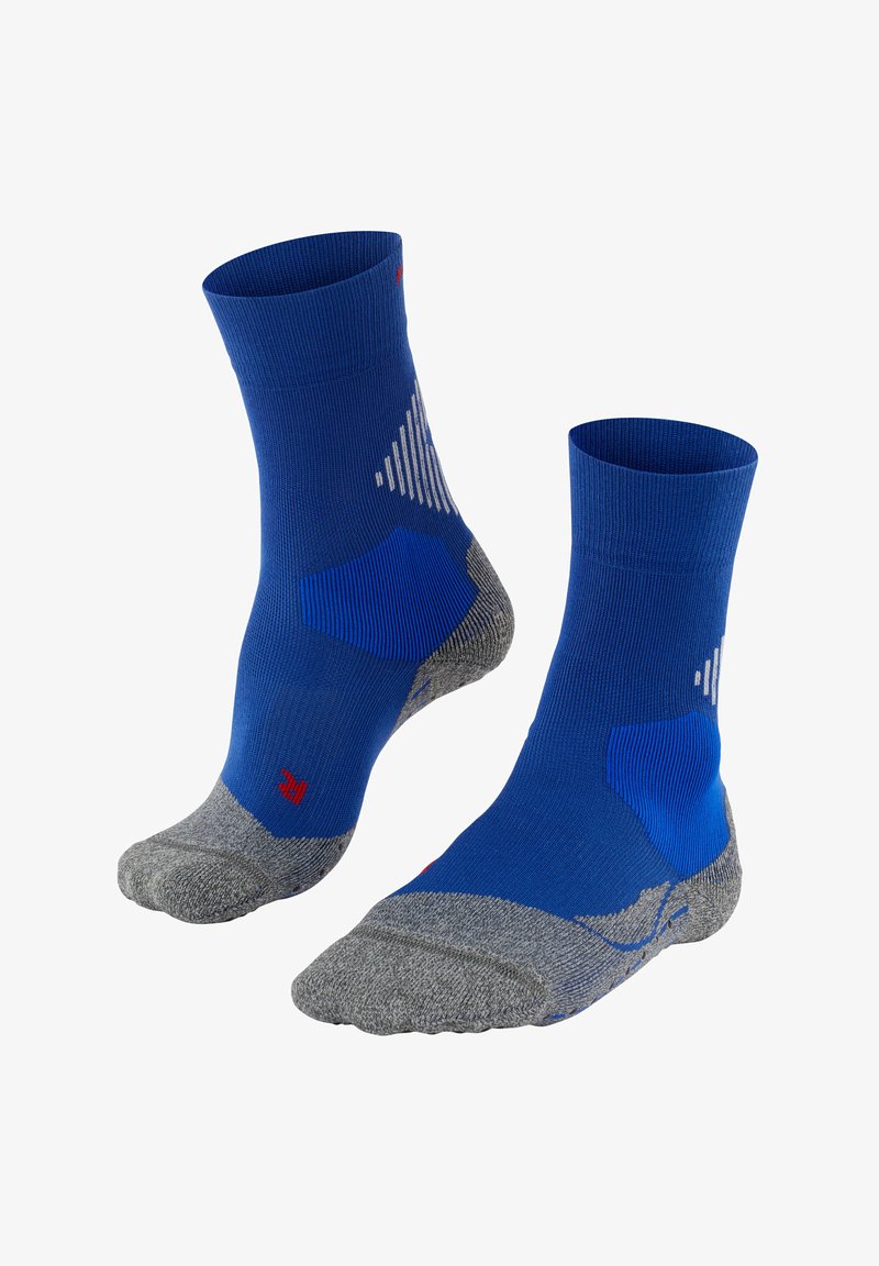 Calzini sportivi blu con punta e tallone grigi. Caratteristiche includono lavorazione a maglia testurizzata, zone imbottite e accenti riflettenti per visibilità.