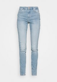 Jeans de mezclilla azul claro con cintura alta, corte ajustado, diseño de cinco bolsillos y un desvanecimiento sutil. Presentan un cierre estándar de cremallera y botón.