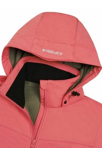 Giacca con cappuccio rosa con fodera in pile nero e grigio, parzialmente aperta con cerniera, con coulisse e logo del marchio bianco sul cappuccio.