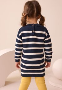Navy and white striped knitted sweater with long sleeves, featuring a round neckline and three wooden buttons at the back.
