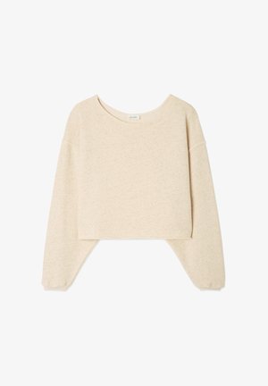 Beige leikattu collegepaita, jossa pitkät hihat, pyöreä pääntie ja pehmeä, teksturoitu kangas. Varustettu hienovaraisella raidallisella kuviolla.