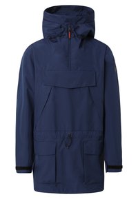 Navyblauwe waterdichte parka met een hoge kraag, verstelbare trekkoordkap, voorzak en elastische manchetten. Gemaakt van lichtgewicht synthetisch materiaal.