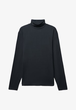 Maglietta nera a maniche lunghe con colletto alto, dal collo aderente e taglio rilassato, esposta su uno sfondo bianco.