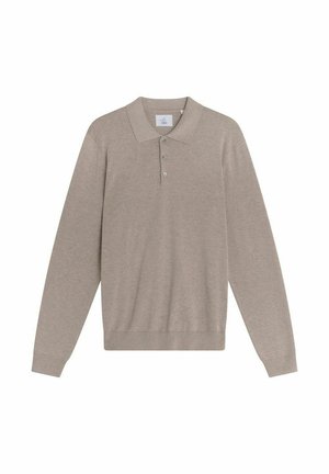 Beige långärmad polo skjorta i mjukt tyg, med krage och tre knappstängningar fram. Strukturstickad design.