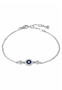Bracciale d'argento con design a catena, caratterizzato da un centro rotondo con occhio di Malocchio blu circondato da accenti scintillanti e piccoli dettagli circolari.