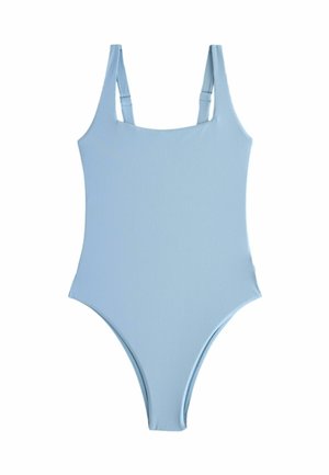 Costume intero azzurro chiaro a coste con spalline regolabili e scollo quadrato.