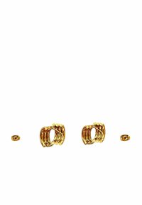 Guldtonade metallörhängen med en spiraldesign. Har små runda detaljer och matchande studs. Slät textur och glänsande yta.