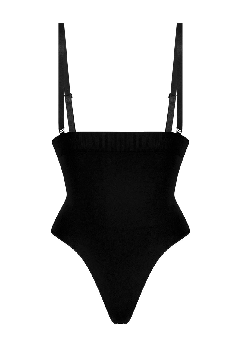 Maillot de bain une pièce noir à découpes hautes avec bretelles fines réglables et décolleté droit.