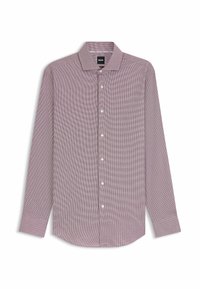 Chemise à manches longues bordeaux à carreaux, fabriquée en tissu léger, avec un col traditionnel et des boutons blancs sur le devant.
