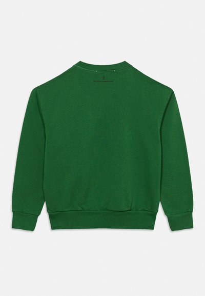 Felpa verde con scollo rotondo vista da dietro, con maniche lunghe e polsini e orlo a coste su sfondo neutro.