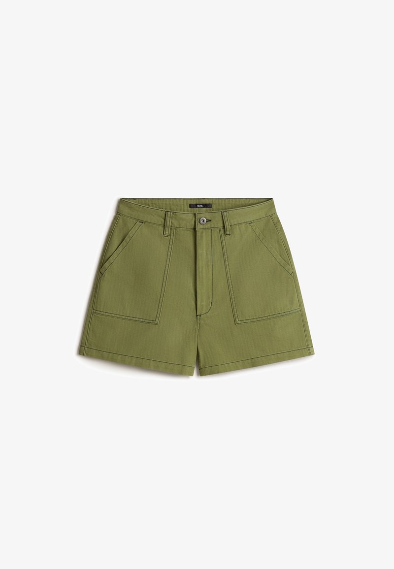 Short en coton vert olive avec bouton et fermeture éclair devant, deux grandes poches plaquées à l'avant et passants pour ceinture.