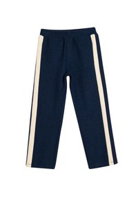 Marineblauwe sweatpants met een elastische tailleband, voorzien van beige zijstrepen en een rechte pasvorm. Zachte textuur zonder zakken.