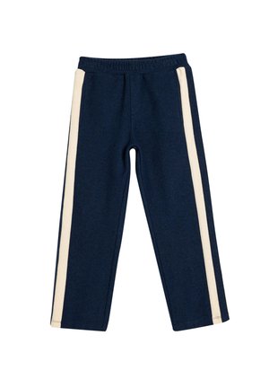 Marineblaue Sweatpants mit einem elastischen Bund, ausgestattet mit beigen Seitenstreifen und einem geraden Beinschnitt. Weicher Stoff ohne Taschen.