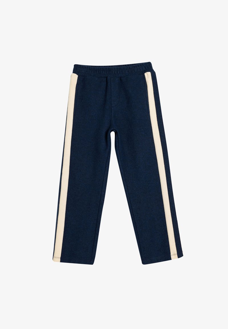 Marineblaue Sweatpants mit einem elastischen Bund, ausgestattet mit beigen Seitenstreifen und einem geraden Beinschnitt. Weicher Stoff ohne Taschen.