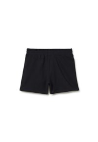 Shorts in cotone nero con cintura elastica, dotati di un design semplice e una superficie liscia. Senza tasche o dettagli in metallo visibili.
