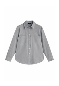 Chemise grise à boutons, en tissu doux, dotée de manches longues, d'un col pointu et de deux poches poitrines. Texture lisse et design décontracté.