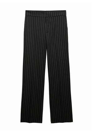 Zwarte wijde broek met verticale witte streepjes, voorzien van een platte tailleband en zonder zichtbare zakken of hardware.