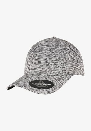 Fekete-fehér mintás sapka ívelt karimával, rugalmas anyagból készült, elöl "Flexfit Delta" címkével. S/M méret.