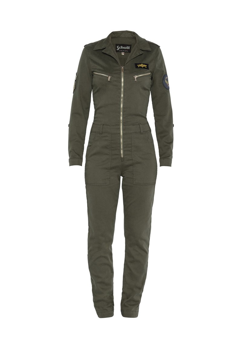 Olijfgroene jumpsuit met een ritssluiting aan de voorkant, lange mouwen, borst- en zijzakken, voorzien van emblemen op de linkerarm en een gestructureerde kraag.