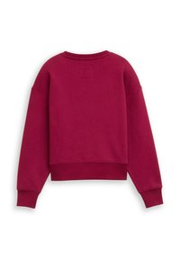 Burgunderfarbener kurzer Sweatshirt mit langen Ärmeln, geribbeltem Halsausschnitt und Bündchen, glatter Textur und einem kleinen Aufnäher auf der Rückseite.