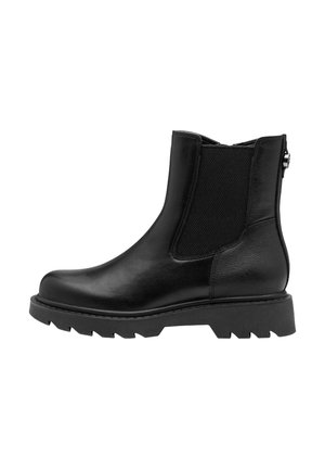 Bottine en cuir noir avec semelle épaisse crantée, panneaux élastiques sur les côtés et fermeture éclair à l'arrière.