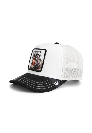 White and black baseball cap with a rectangular patch featuring an aggressive animal design and the word "STRENGTH." Mesh back. Suede bill.