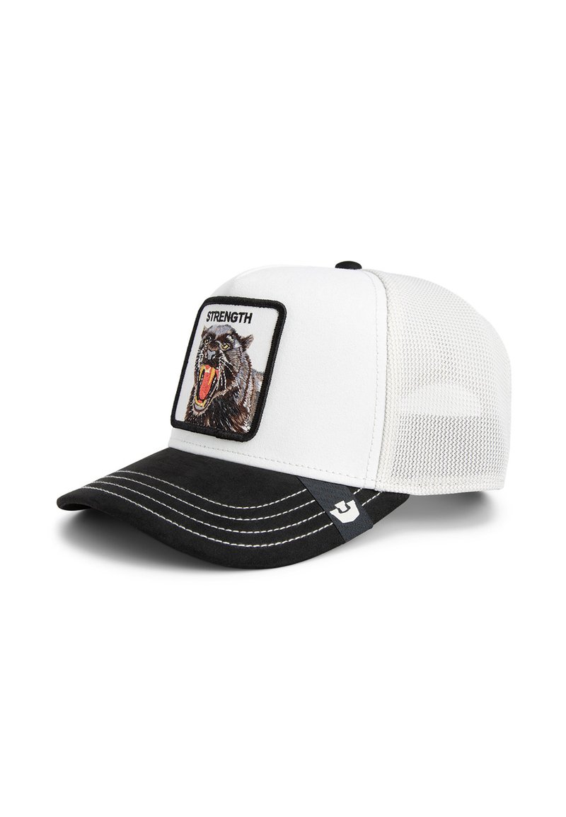 Gorra de béisbol blanca y negra con un parche rectangular que presenta un diseño de un animal agresivo y la palabra "FUERZA". Parte trasera de malla. Visera de ante.