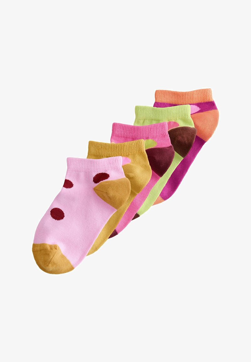 Cinq paires de chaussettes basses colorées dans des tons rose, orange, vert et marron, disposées en éventail.
