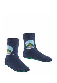 Marineblaue Socken mit gerippten Bündchen, ausgestattet mit einem Schneekugel-Design, das ein grünes Zelt und Schneeflocken zeigt, sowie grünen strukturierten Griffen an den Sohlen.